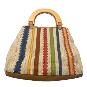 Relic by Fossil Canvas Purse Wooden Handles Vinyl Rainbow Stripes